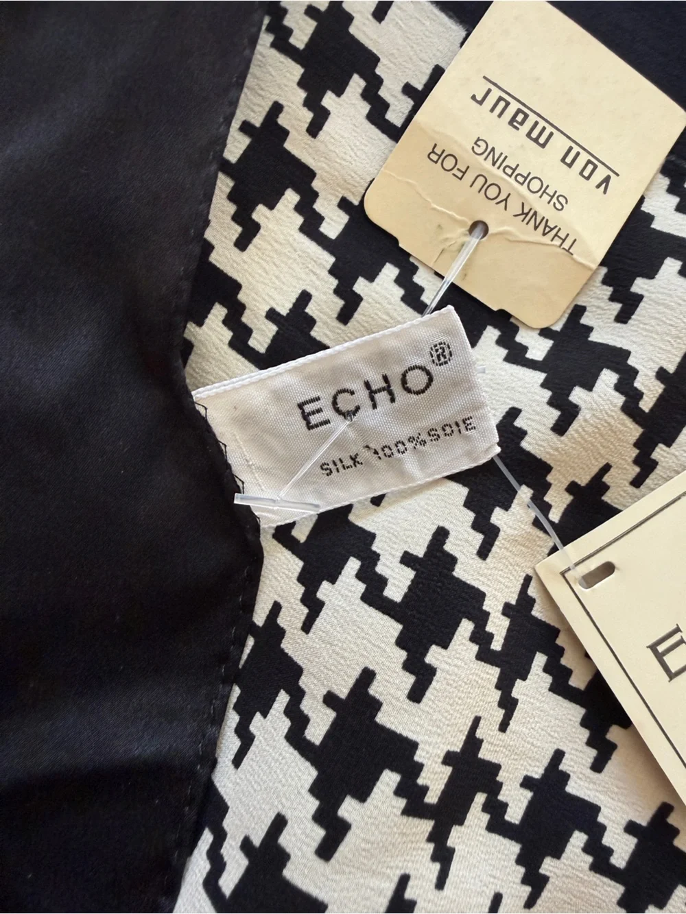 Echo Black and White Houndstooth 100% Silk Scarf - New
